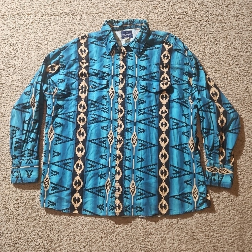 VTG Wrangler Shirt Mens XXL‎ Blue Teal Pearl Snap Aztec Southwestern Western 90s
